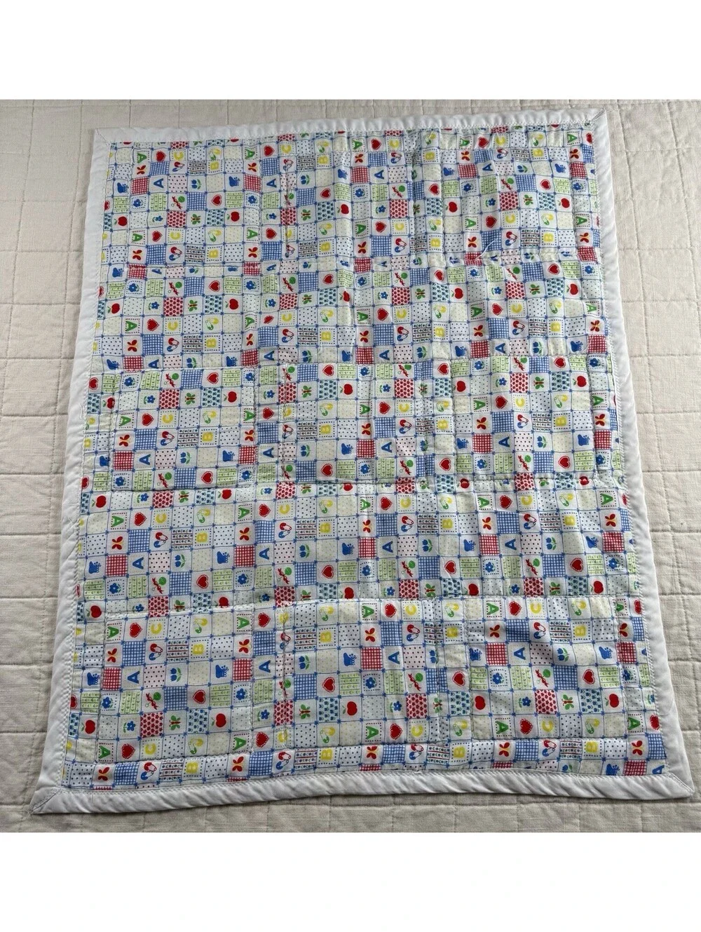 Vintage Handmade Baby Quilt Embroidered Kittens Cats Nursery 27x34 Patchwork